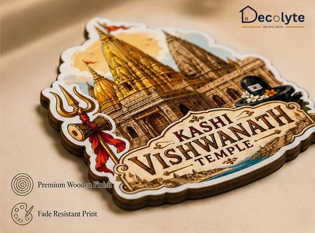 Image of Kashi Vishwanath Temple Theme Wooden Fridge Magnet Souvenir | 3x3 in Kitchen Home Decor Gift