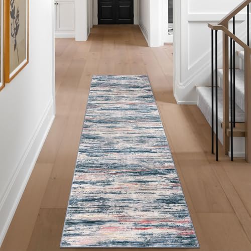 2x8 Teal Blue Peach Gray Multi Modern Abstract Runner Rug for Hallways, Super Soft Hallway Decor Kitchen Rugs with Non-Slip, Non-Shedding Washable Rug for Entryway Bedroom Laundry Indoor