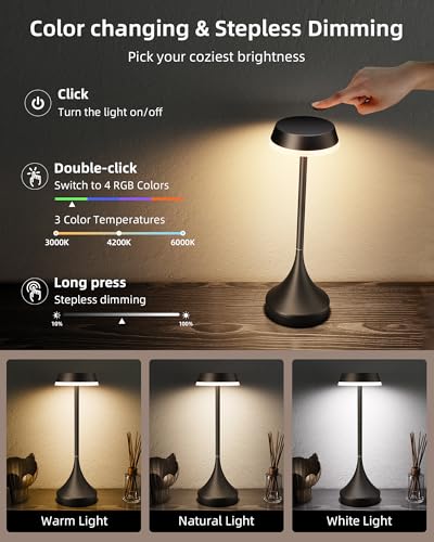 Image of Cordless Lamp, 6000mAh, Outdoor Waterproof, Touch Control, Dimmable, 3 Color Temperature, RGB, LED Memory Function, Portable Battery Operated, Rechargeable Table Lamp Patio Dinning Restaurant Kitchen