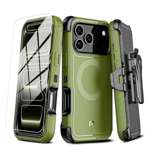 Image of M MYBAT PRO for iPhone 17 Pro Case with Belt Clip Holster,[Compatible with Magsafe] w /Screen Protector,Anti-Drop,Shockproof,w 360Rotating Kickstand,Heavy Duty Protection (Army Green)