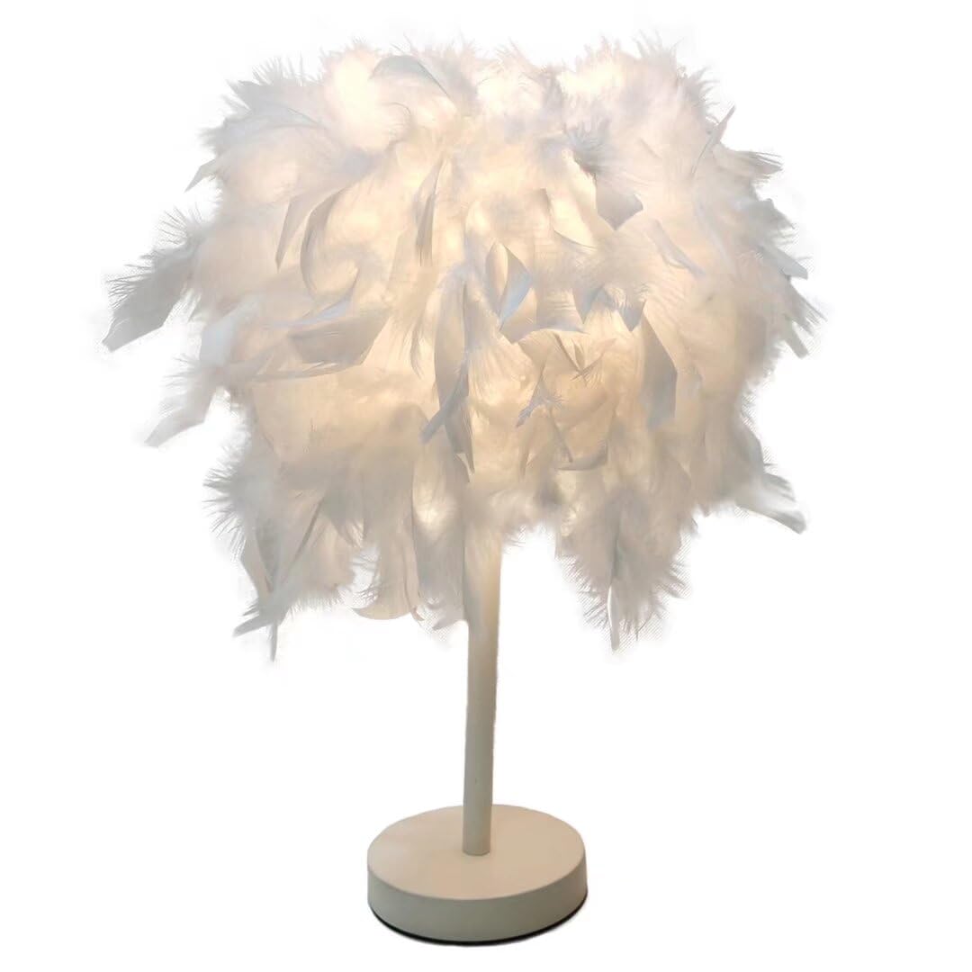 GUANSHAN Mini White Feather Table Lamp Bedside Lamp Table Light Desk Feather Lampshade for Bedroom, Home Decoration, Photography Props, Style 2, S [Energy Class F]