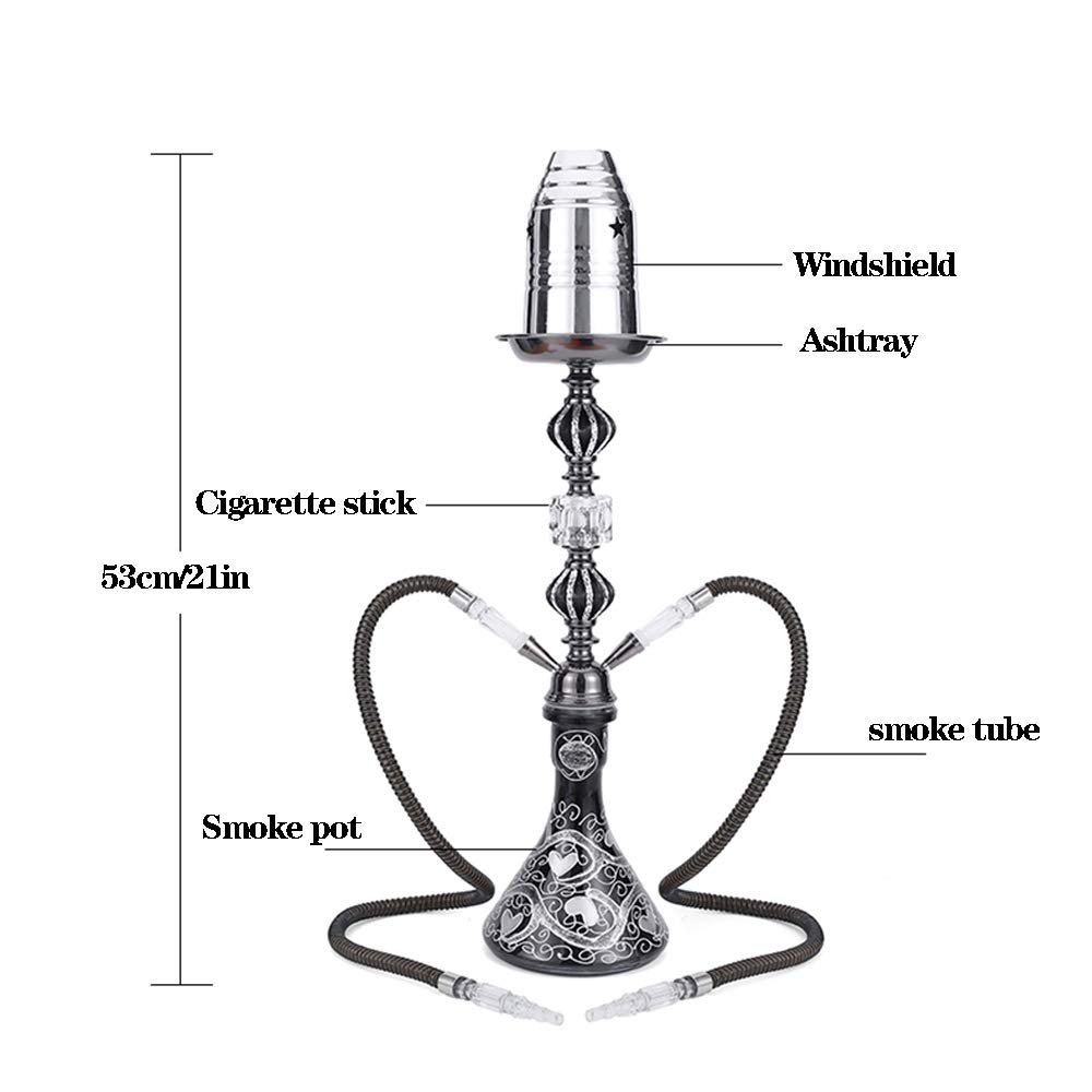 Cachimba Shisha Hookah Kit Set Hookah de Vidrio de 2 Mangueras, con Hookah Bowl Clip de Carbón Gratis Papel de Aluminio Y Boquilla Juego Completo de Hookah,2 Hose