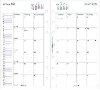 إعادة تعبئة يوميات تقويم Filofax، حجم شخصي/مدمج، شهر للعرض، ورقة بيضاء، الإنجليزية، 2026 C68410-26