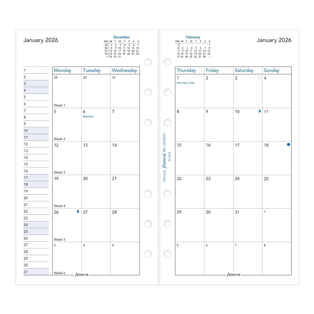 Filofax Kalender-Tagebuch-Nachfüllpackung, persönliche/kompakte Größe, Monatsansicht, weißes Papier, Englisch, 2026 (C68410-26)