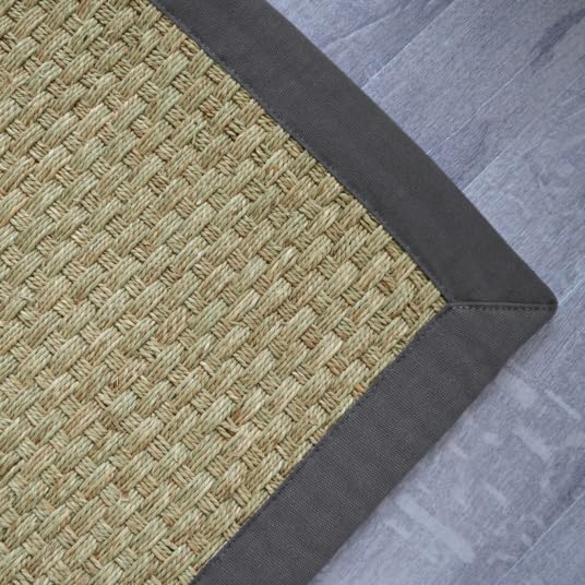 Decoweb Tapis jonc de mer - Paro Fin natté 4x4 - Ganse Coton Anthracite - 140 x 200 cm