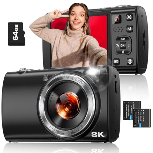 8K Digital Camera for Photography, 88MP WiFi Vlogging Camera for YouTube with Front Rear Lens, Autofocus, 16X Zoom, Compact Travel Cameras with Flash, Touch Screen, 64GB Card, 2 Batteries(Black)