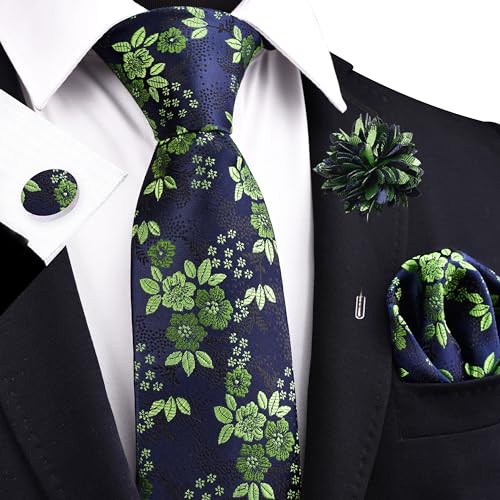 Image of GUSLESON 3.15 inch(8cm) Mens Floral Tie and Lapel Pin Necktie Hankerchief Cufflinks Set for Men