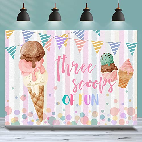 Rsuuinu Ice Cream Birthday Backdrop Three Scoops of Fun Sweet Summer Photography Background 3rd Birthday Girls Birthday Party Banner Decorations Cake Table Banner Photo Booth Studio Props 7x5ft by Rsuuinu - Used condition - US$9.21