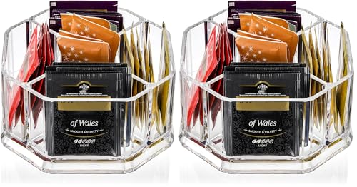 Image of Hiceeden Acrylic Tea Bag Organizer, 5 Compartment Sugar Packets Holder Divided Coffee Condiment Storage Caddy Box for Kitchen Cabinet, Countertop, Tabletop (Pack of 2)