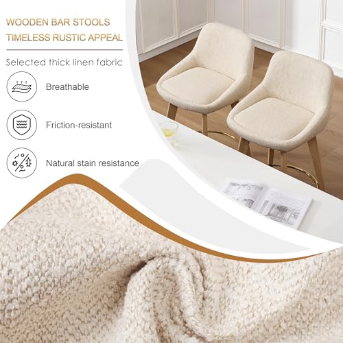 Image of Zesthouse Swivel Counter Height Stools Set of 2, 26 inch Wooden Barstools with Back & Solid Wood Legs, Modern Upholstered Bar Stools for Kitchen Island, Beige Linen Fabric Counter Height Chairs