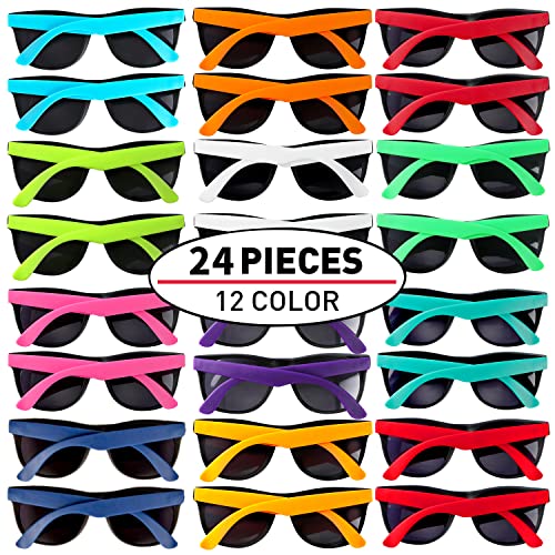 24 Pack 12 Colors Neon Party Sunglasses With Dark Lens,80's Style Colorful Novelty Sunglasses For Party Favors,Bulk Pool Party,Beach Party,Summer Party, Goody Bag Fillers,for Boys Girls Teens adults