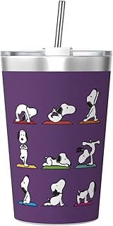 タンブラー スヌーピー ヨガ 紫 水筒 ストローカップ マグボトル コップ 340ml ストロー付き 魔法瓶 真空断熱 保温保冷 コーヒー おしゃれ 直飲み 車用 子供 遠足 通勤 通学