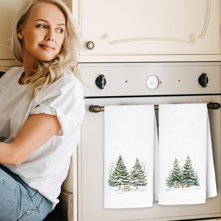 Christmas Tree Kitchen Towels, Christmas Bauble Tree Snowflake Dish Tea Towels for Kitchen Decor, Xmas Winter Holiday Decorative Hand Towel Bathroom Decor, 16x24 Inch Set of 2 - Image 2
