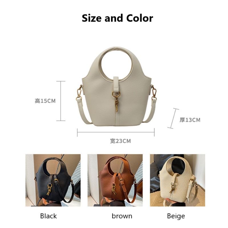 Women Bucket Bags PU Leather Hobo Bag Fashion Shoulder Crossbody Vintage Tote Small Handabg Purse (Beige, W23*H15*D13 cm)3