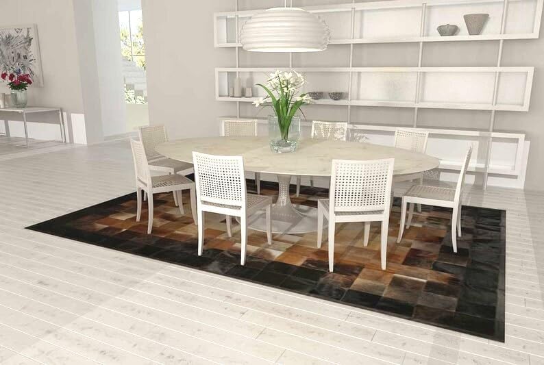 Cowhide Leather Rug, Luxurious Brown and Black Rugs, Elegant Square Design Patchwork Leather Carpet, Vintage Rugs for Bedroom, Living Room, Hallway and Entryway Rug (8x10 ft)