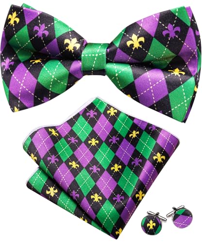 Barry.Wang Mardi Gras Bow Tie for Men Purple Gold Green Fleur De Lis Silk Pre-Tied Bowtie Pocket Square Cufflinks Set Carnival Festival Party Prom