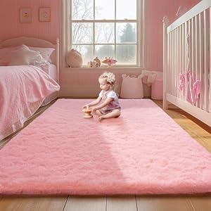 Pink Rug for Girls Bedroom, 5×7 Fluffy Area Rugs for Kids Playroom, Furry Carpet for Nursery Room, Shaggy Rug for Teen Living Room, Thick Fuzzy Plush Rug for Dorm, Cute Room Decor for Baby