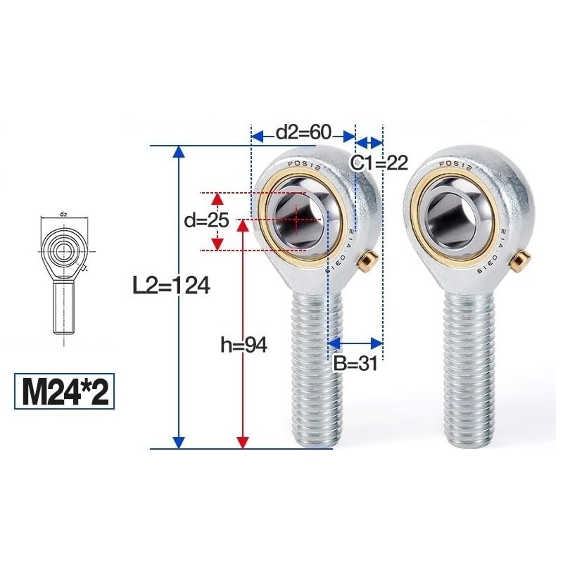 ロッドエンドベアリング、 1PC 左手 POSL5-POSL30 ニッケルメッキベアリング ベアリング部品(POSL25 M24x2