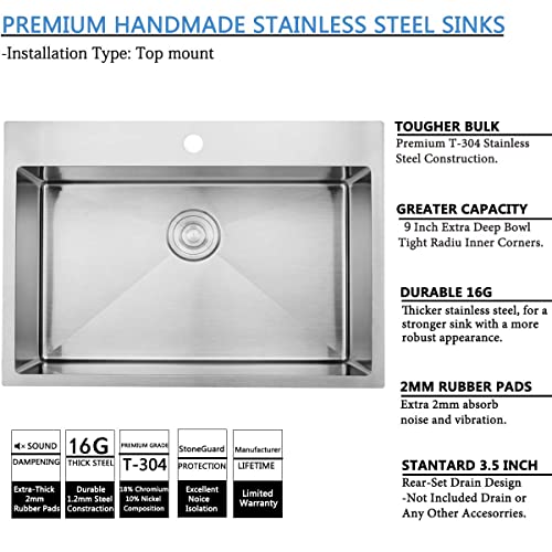 Shaco Commercial 28 Inch 16 Gauge Top Mount Drop-In Single Bowl Basin Handmade T304 Brushed Nickel Kitchen Sink, Stainless Steel 9 Inch Deep Kitchen Sinks, Fregadero #TOP1
