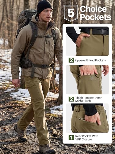 FREE SOLDIER Men's Outdoor Softshell Fleece Lined Cargo Pants Snow Ski Hiking Pants with Belt(Olive 42W x 32L)