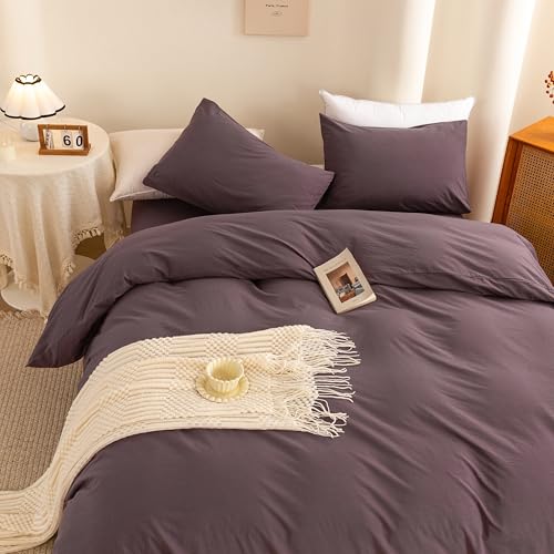 Image of ECOCOTT Duvet Cover Set, 100% Washed Cotton Linen-Like Textured Soft & Breathable, Durable Comfy Bedding Set for All Seasons Oversized Queen Size, Lilac Purple