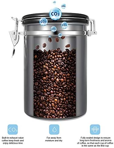 JENNIMER Coffee Container Airtight - Large 1.8L/650g, Stainless Steel Coffee Bean Storage Canister,Transparent Window with Date Tracker, CO2-Release Valve & Measuring Scoop(Grey)