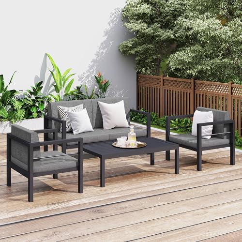 Raysfung Aluminum Patio Furniture Set, 4 Pieces Modern Conversation Set with Upgrade Cushion and Coffee Table, Outdoor Set Sectional Sofa for Garden