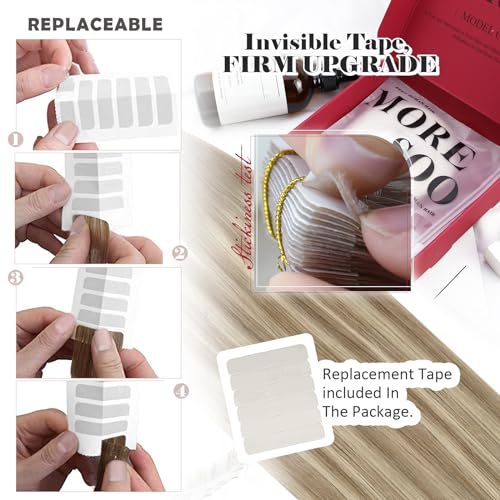 Moresoo Tape in Hair Extensions Human Hair 16 Inch Balayage Blonde Human Hair Tape in Extensions Light Brown with Medium Blonde Real Hair Extensions Tape in 20Pcs/50G #8/22/8 - Image 4
