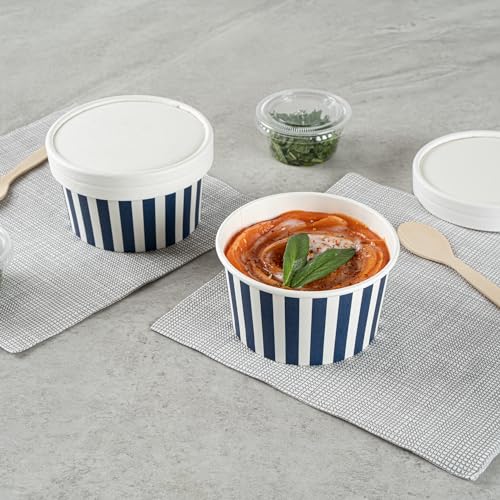 Image of Restaurantware Coppetta 8 Ounce Dessert Cups, 50 Disposable Ice Cream Cups - Lids Sold Separately, Sturdy, Blue And White Paper FroYo Bowls, Striped, For Hot And Cold Foods, Perfect For Gelato