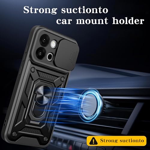 Image of Casodon Heavy Duty Back Case Cover for Nothing Phone 3A Lite 5G, Shockproof Nothing Phone 3A Lite Back Cover, Ring Case with Kickstand and Camera Protection Shutter - Black