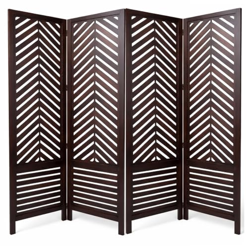 Image of Wooden Room Divider 6 Feet, 4-Panel Folding Wooden Partition for Living Room, Office, Pooja Room, Restaurant, Kitchen & Balcony (2W x 1.82H Meters). (Brown-Lattice Pattern).
