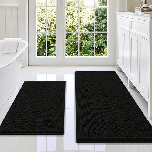 Image of Smiry Bathroom Rugs Sets 2 Piece, Soft Absorbent Chenille Machine Washable Non Slip Shaggy Bath Rug Set for Tub, Shower, and Floor (47x20+30x20, Black)