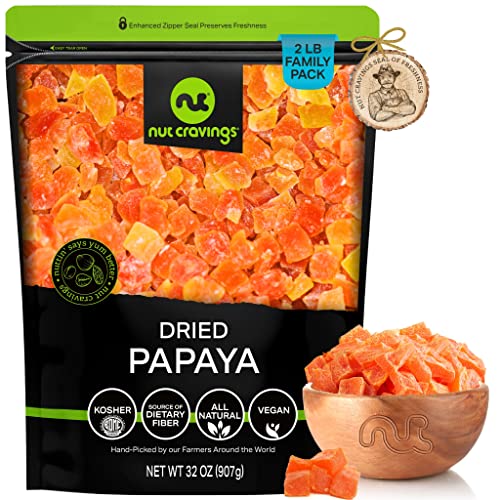 Nut Cravings - Sun Dried Papaya Chunks, With Sugar Added (32Oz - 2 Lb) Packed Fresh In Resealable Bag - Sweet Fruit Snack Treat - Healthy Food, All Natural, Vegan, Kosher Certified #TOP13