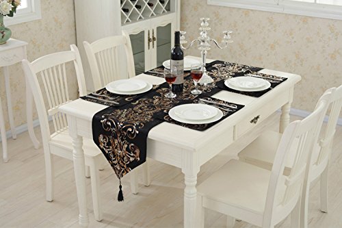 Prior.choice Elegant Luxury Shiny Black Velvet Damask Deco Tassels Wedding Party Hotel Restaurant Bed Table Runner Cloth (13Inch X 82Inch) #TOP2
