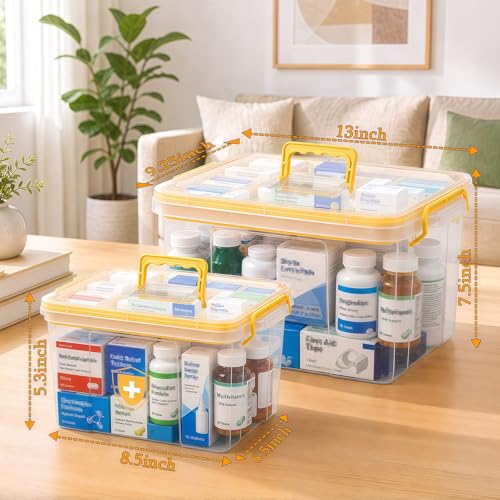 Image of 2 Pack Clear Medicine Organizer Box with Handle, Plastic Medicine Container with Tray First Aid Box Empty, Thickened Medicine Storage Organizer Multipurpose Medication Organizer Storage, Yellow