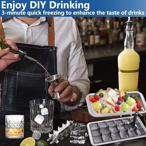GHAHILI Stainless Steel Ice Cube Trays, Metal Ice Cube Trays for Freezer Vintage Inspired Design with Release Lever Remove Handle for Making Large Cubes Kitchen & Bar (2 pcs) — view 2