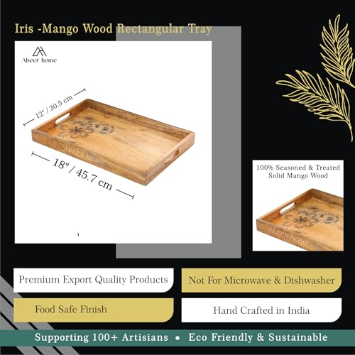 Image of Wooden Serving Tray - 18 x 12 Inches | Minimal Light Brown Finished with Raised Edges | Durable Mango Wood Breakfast Tray | Wooden Serveware Trays for Tea, Snacks & Sweets, Home & Dining