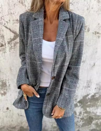 IDEALSANXUN Womens Tweed Blazer Casual Plaid Houndstooth Blazer Work Suit Jackets3