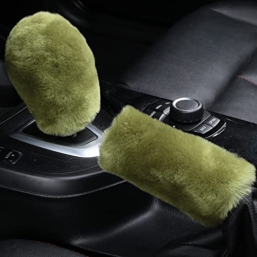 OGLAND Fluffy Natural Fur Sheepskin Car Gear Shift Handle Level Stick Knob Covers for Automobile Selector Handball Collar, Handbrake Cover (Pea Green)