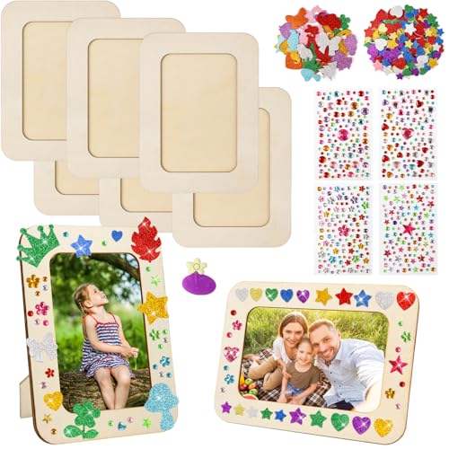 KUDLE 6 Stück Bilderrahmen Set zum Bemalen Holz Fotorahmen Holzbilderrahmen mit Glitzersteine Selbstklebend Moosgummi 3D Sticker Bastelset DIY Holzrahmen für Handwerk Jubiläen Geburtstage Muttertag