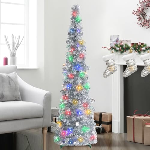 5Ft/1.5M Pop Up Collapsible Christmas Tree with Lights Silver Tinsel Skinny Pencil Artificial Tree For Holiday Home Office Decoration