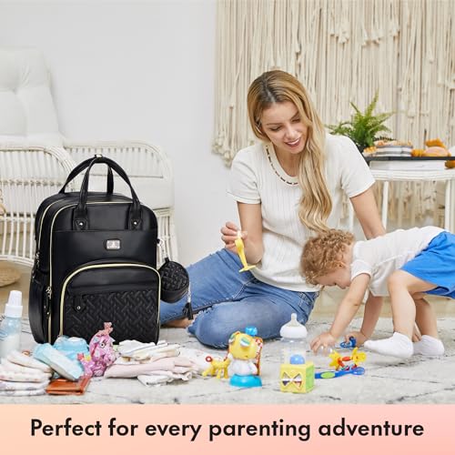 Image of Dikaslon Leather Diaper Bag Backpack with Portable Changing Pad, Pacifier Case and Stroller Straps, Large Unisex Baby Bags for Boys Girls, Multipurpose Travel Back Pack for Moms Dads, Black
