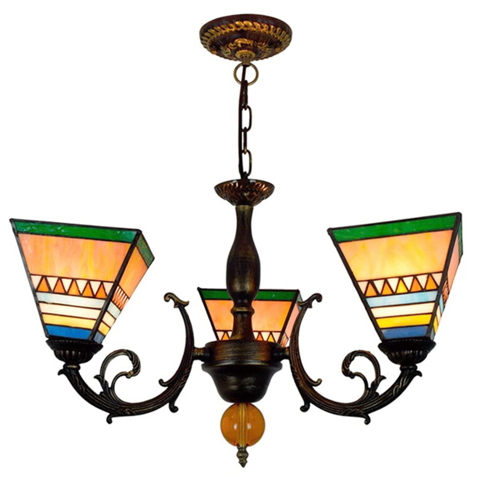 FYZDLAOR Pyramid Shape 3-Light Chandelier,Adjustable Pendant Light Light Fixtures,Tiffanystyle Stained Glass Hanging Light Wide 20 Inch Height 32 Inch
