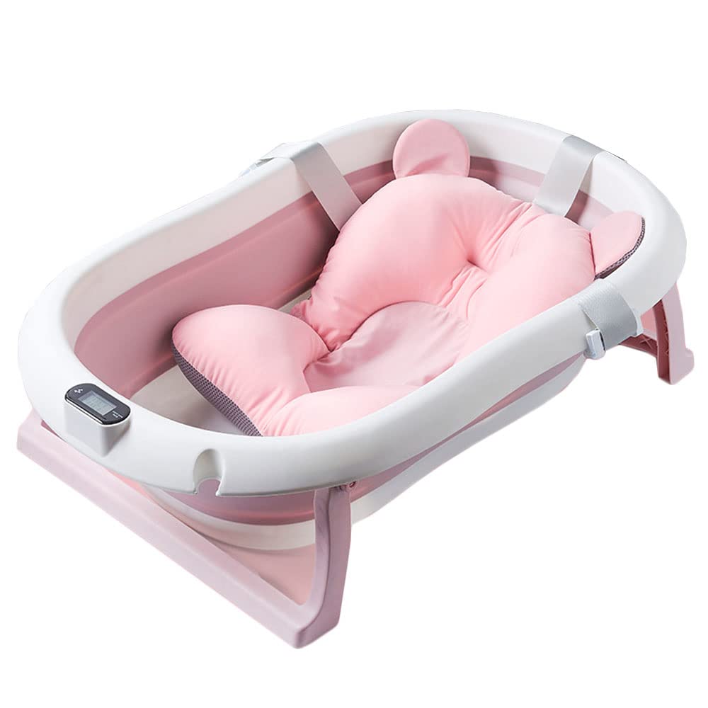DMG Baby Folding Bathtub, Foldable Baby Bathtub with Temperature Sensing,Portable Safe Shower Basin with Support Pad for Newborn/Infant/Toddler,Sitting Lying Large Safe Bathtub (Pink)