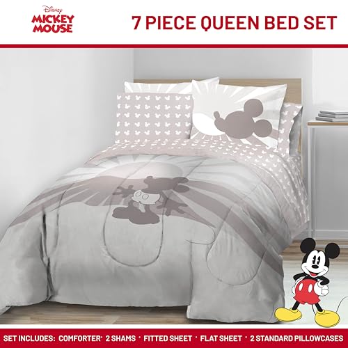 Image of Disney Mickey Mouse Queen Comforter Set 7 Piece Cartoon Bedding, Grey | Bed in a Bag, Comforter Sheets Shams Pillowcases, Official Product, Soft Microfiber, Machine Washable, Kids Gift