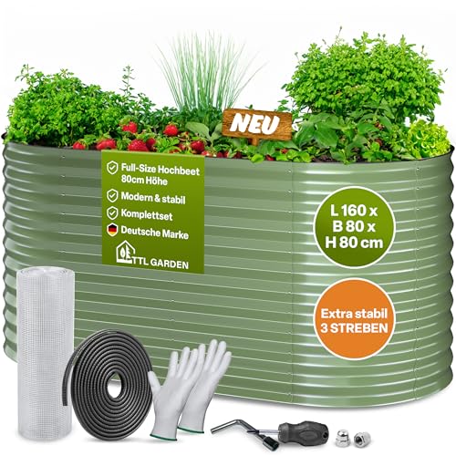 TTL GARDEN 160x80x80cm Nature M Metall Hochbeet Salbei-Grün - Stahl rostfrei verzinkt & lackiert Wellblech oval 80cm hoch sehr stabil Garten Beet für Gemüse Kräuter Blumen Gartenbeet Gemüsebeet