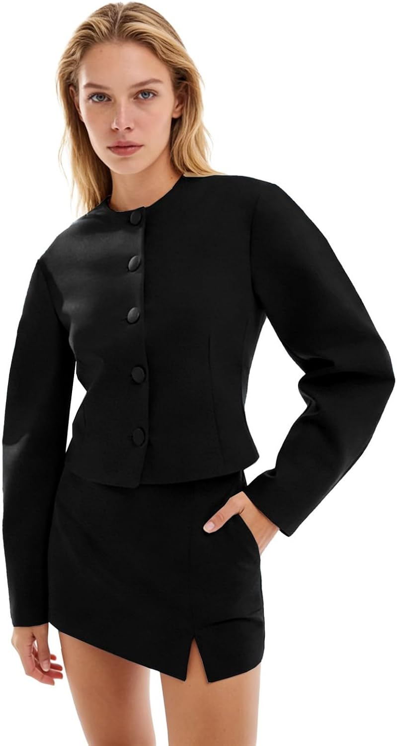 Women's 2 Piece Jacket Skirt Set Casual Long Sleeve Short Blazer and Skirt Suits Sets for Women