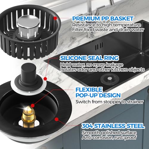 Image of zaa 3 in 1 Kitchen Sink Drain Strainer Stopper Removable Basket Pop-Up