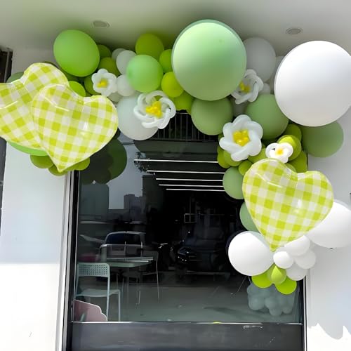 Image of 4pcs 18 inch Yellowish Green Heart Checked Balloons Striped Plaid Heart Balloons for Spring Party Decorations Picnic Party Decor Love Theme Birthday Party Wedding Baby Shower Versatile Party Decor