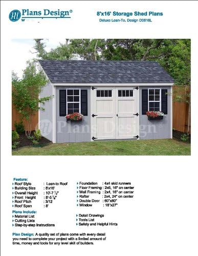 8' x 16' Deluxe Lean-To Utility Garden Design # D0816L, Material List and Step By Step Included